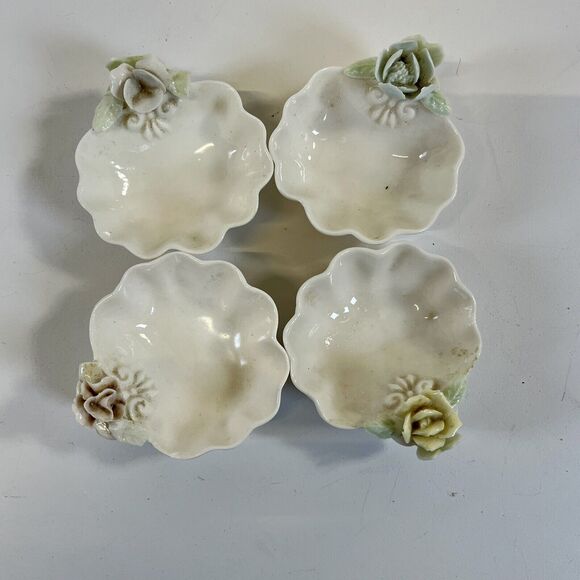 Set of 4 VINTAGE PORCELAIN SALT CELLAR SHELL SHAPED W/ROSES BY ARDALT ~ JAPAN - Picture 12 of 12